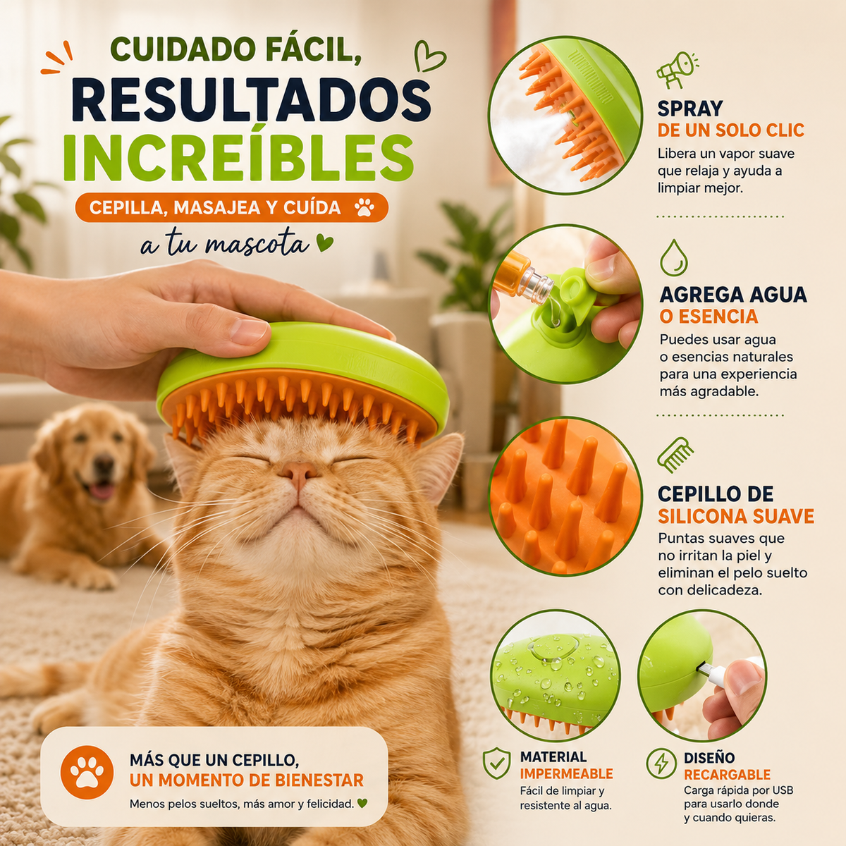Cepillo Vapor Recargable para Mascotas