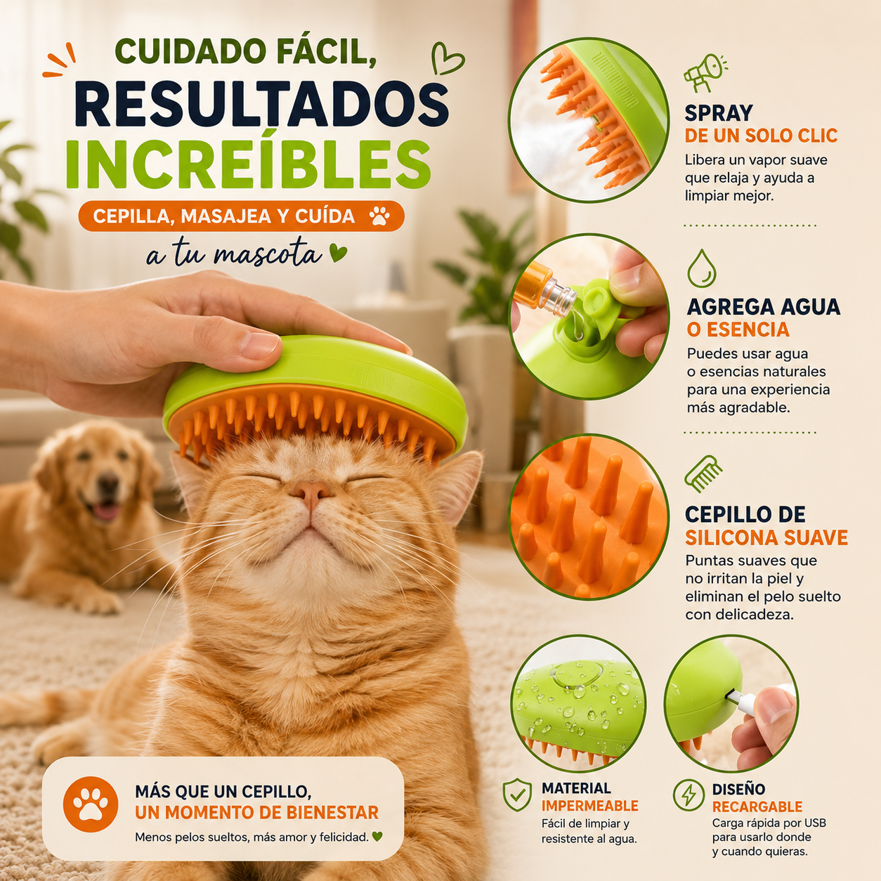 Cepillo Vapor Recargable para Mascotas