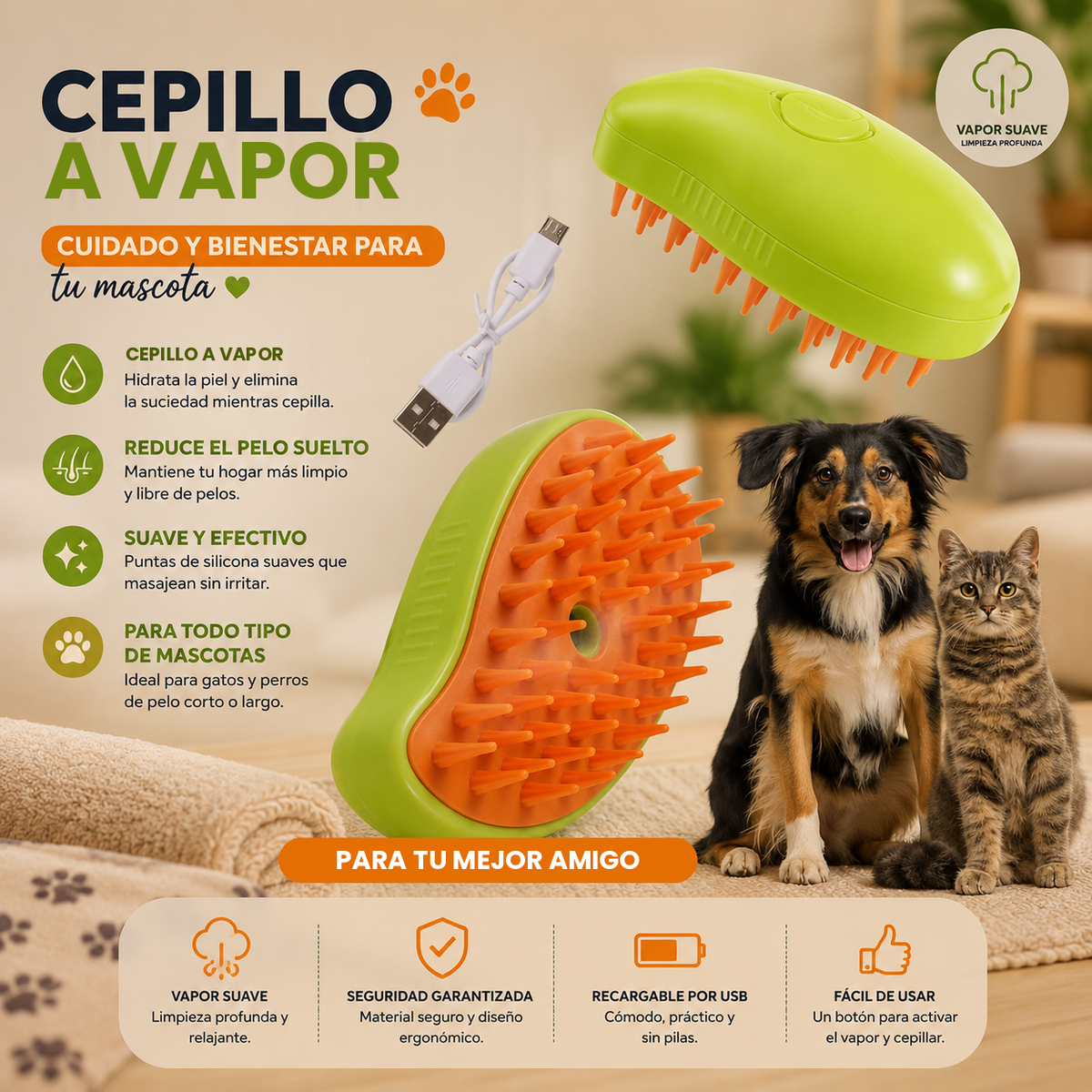 Cepillo Vapor Recargable para Mascotas